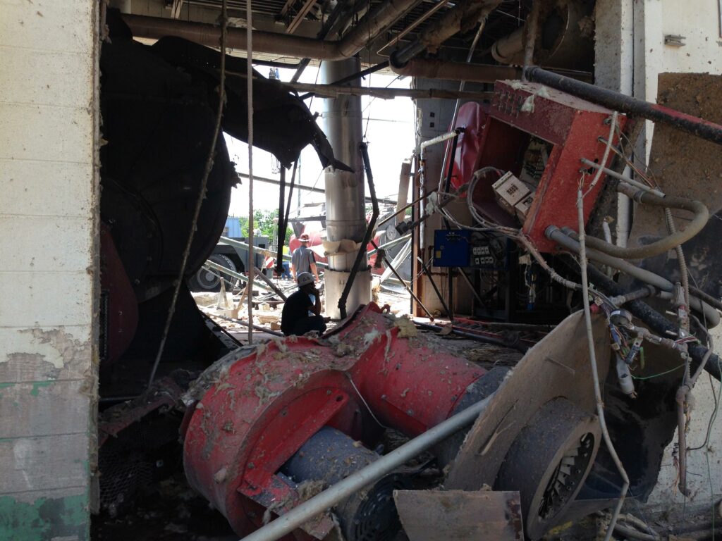 Wreckage from massive boiler failure at a citrus processing facility as a result of negligent boiler maintenance.